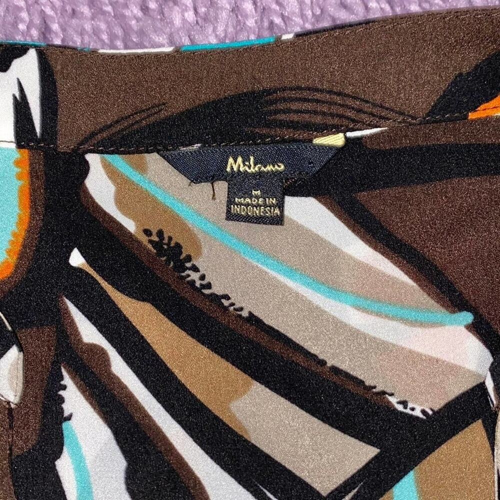 M Milano Brown Abstract Boho Half 3/4th Sleeve V Neck Work Career Blouse Top - Picture 9 of 12